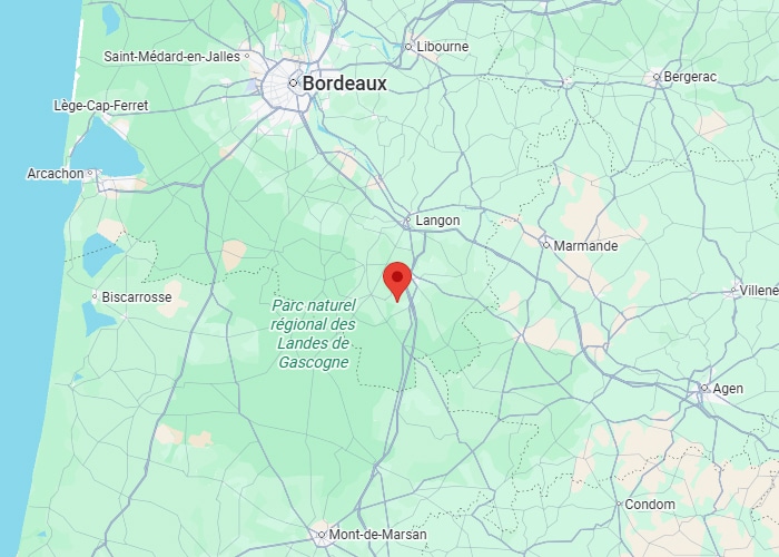 Bordeaux : Carte des Landes de Gascogne et Langon. Carte du Sud-Ouest français: Bordeaux, Langon, Mont-de-Marsan. Marqueur rouge dans le Parc naturel régional des Landes de Gascogne.